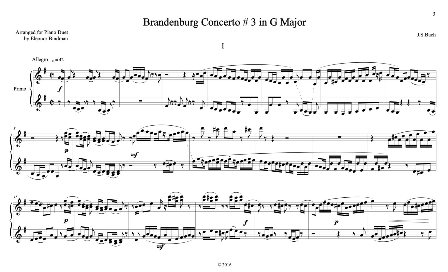 J.S. Bach: Brandenburg Concerto No. 3 For Piano Duet | Score | Eleonor ...