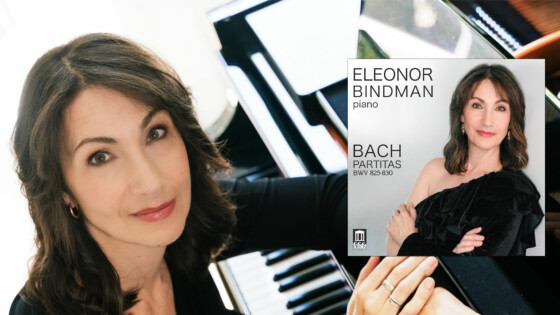 Eleonor Bindman at piano with Bach Partitas Album cover added in the corner