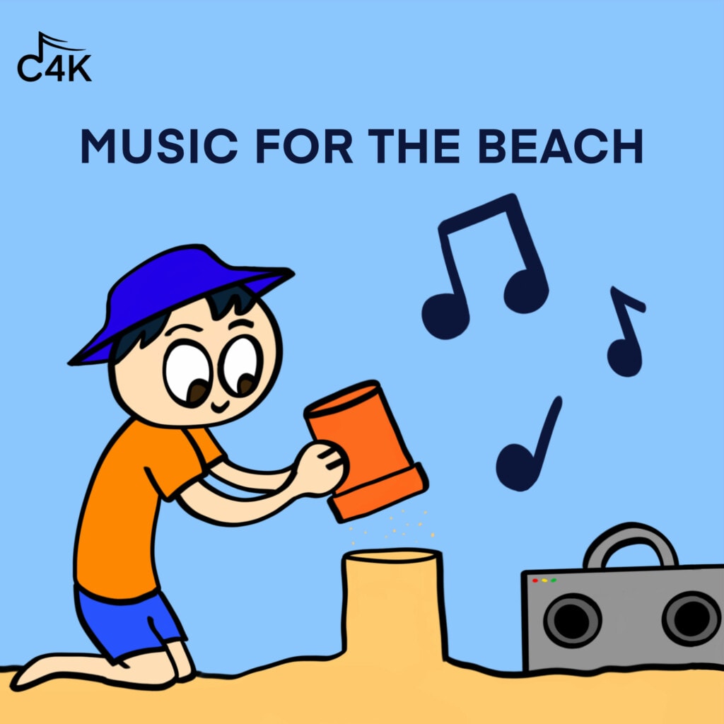 Music for the Beach cover - child making sandcastle next to stereo with music notes